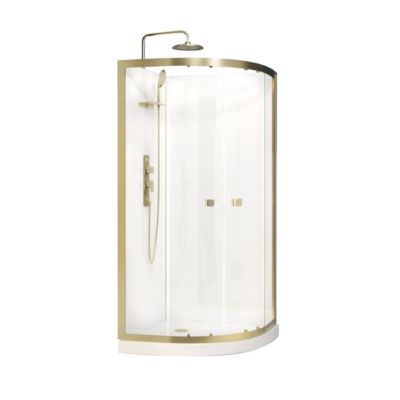 Cabine de douche 1/4 de cercle l.90 x L.90 x H.200 cm – fond blanc et profilés doré brossé, porte coulissante, Galedo Cabine Dorée