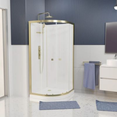 Cabine de douche 1/4 de cercle l.90 x L.90 x H.200 cm – fond blanc et profilés doré brossé, porte coulissante, Galedo Cabine Dorée
