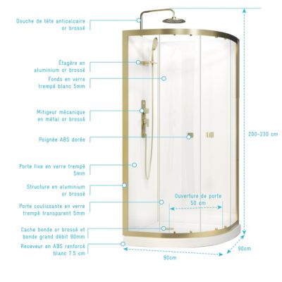 Cabine de douche 1/4 de cercle l.90 x L.90 x H.200 cm – fond blanc et profilés doré brossé, porte coulissante, Galedo Cabine Dorée