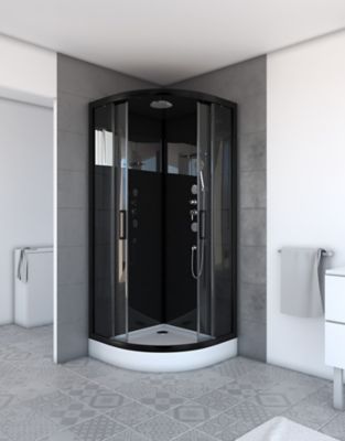 Cabine de douche 1/4 de cercle l.90 x L.90 x H.215 cm – design noir, hydromassante, miroir intégré, Galedo Mirror 2 Round