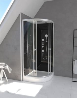 Cabine de douche 1/4 de cercle l.90 x L.90 x H.215 cm – hydromassante, fond noir verre trempé, profilés chromés, Galedo Black 2