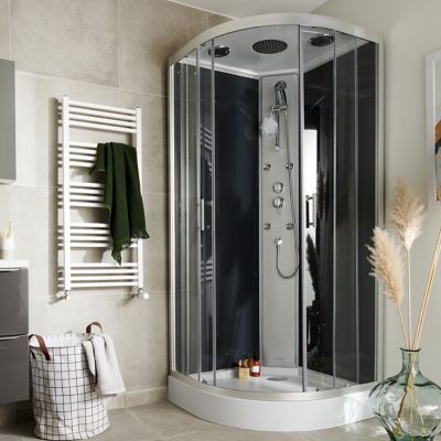 Cabine de douche 1/4 de cercle l.90 x L.90 x H.215 cm – hydromassante, gris anthracite, profilés chromés, montage rapide, GoodHome Onega