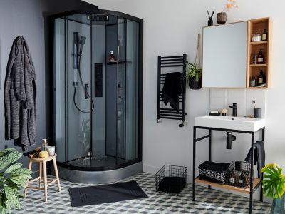 Cabine de douche 1/4 de cercle l.90 x L.90 x H.220 cm – hydromassante, fond gris profilés noirs, traitement anticalcaire, GoodHome Beloya