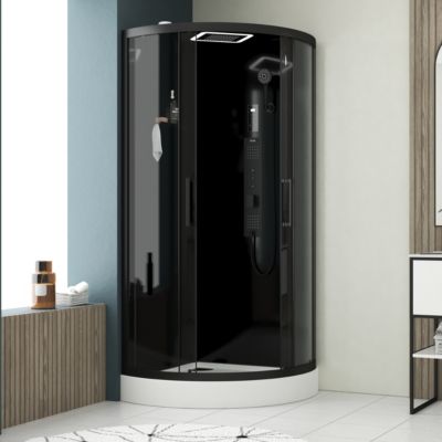 Cabine de douche 1/4 de cercle l.95 x L.95 x H.215 cm – hydromassante connectée, Bluetooth, noir & blanc, Galedo Round Aura