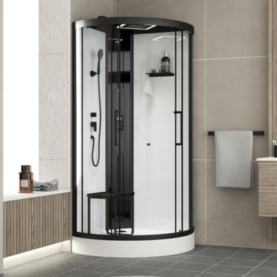 Cabine de douche 1/4 de cercle l.95 x L.95 x H.218 cm – hydromassante connectée, Bluetooth, siège, noir & blanc, Galedo Relax Hammam