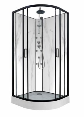 Cabine de douche 1/4 de rond INDUSTRY ROUND Marble 90 x 90 cm, profilés noirs, verre transparent, hydromassante
