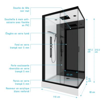 Cabine de douche 110x80x215cm - Verre Trempé - Mitigeur Chrome - DUALITY 3 RECTANGLE