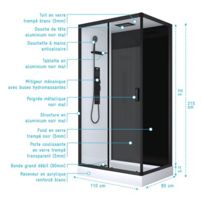 Cabine de douche 110x80x215cm - Verre Trempé - Mitigeur Noir - DUALITY 4 RECTANGLE