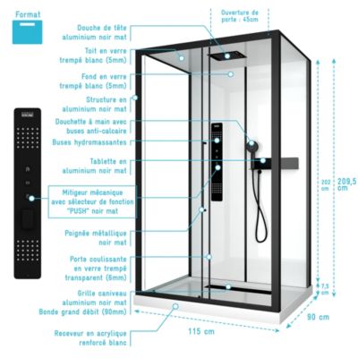 Cabine de douche 115x90x210 cm avec receveur + bonde 90mm + Grille linéaire - FACTORY 2