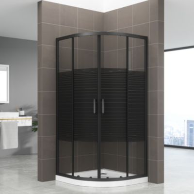 Cabine de douche 80 x 80 cm TIBYBLACK 1/4 de cercle coulissant H.190 cm - verre sérigraphié ligne noire - SANIVERRE