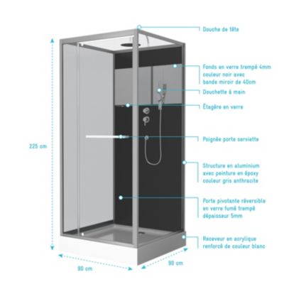 Cabine de douche 90x90cm carrée porte pivotante - avec bande effet miroir - SQUARE STRIPE