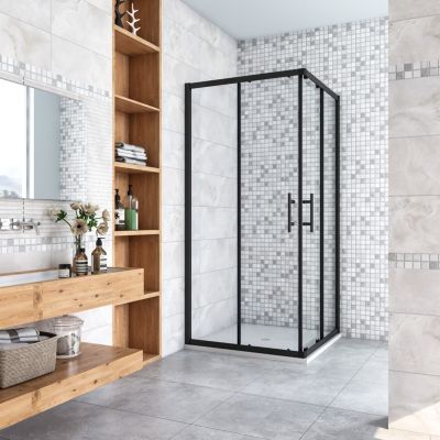Cabine de douche 90x90x200cm  accès d'angle - Noir Mat , noire porte de douche coulissante, en 6mm verre anticalcaire