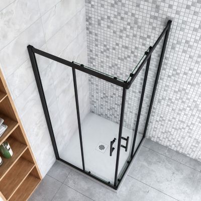 Cabine de douche 90x90x200cm  accès d'angle - Noir Mat , noire porte de douche coulissante, en 6mm verre anticalcaire