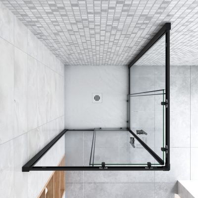 Cabine de douche 90x90x200cm  accès d'angle - Noir Mat , noire porte de douche coulissante, en 6mm verre anticalcaire
