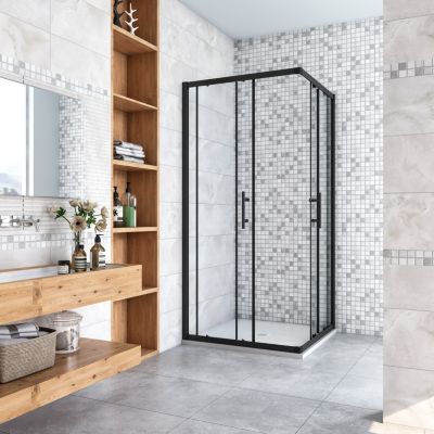 Cabine de douche 90x90x200cm  accès d'angle - Noir Mat , noire porte de douche coulissante, en 6mm verre anticalcaire