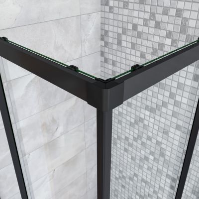 Cabine de douche 90x90x200cm  accès d'angle - Noir Mat , noire porte de douche coulissante, en 6mm verre anticalcaire