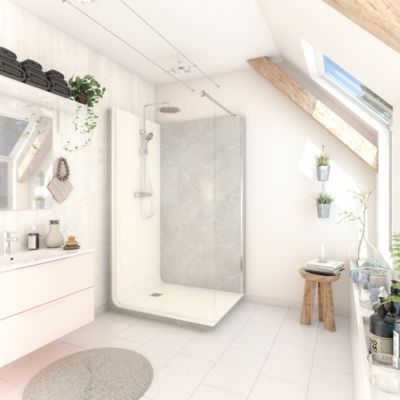 Cabine de douche à l’italienne l.80 x L.120 x H.218 cm – effet marbre gris, receveur de plain-pied, Elmer Serenity