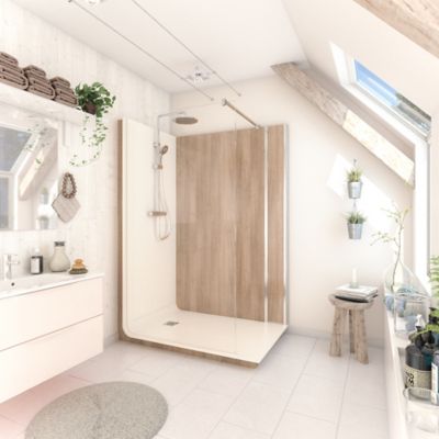 Cabine de douche à l’italienne l.90 x L.140 x H.218 cm – effet bois, receveur de plain-pied, Elmer Serenity
