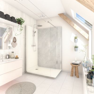 Cabine de douche à l’italienne l.90 x L.140 x H.218 cm – effet marbre gris, receveur de plain-pied, Elmer Serenity