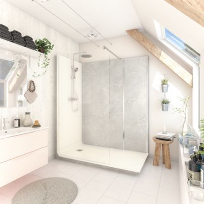 Cabine de douche à l’italienne l.90 x L.170 x H.218 cm – effet marbre gris, receveur de plain-pied, Elmer Serenity