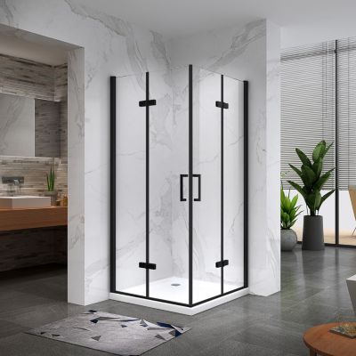Cabine de douche ATÉA-BLACK H.180 cm, 80 x 120 cm, 2 portes pliantes et pivotantes, verre transparent 6 mm + receveur - Saniverre