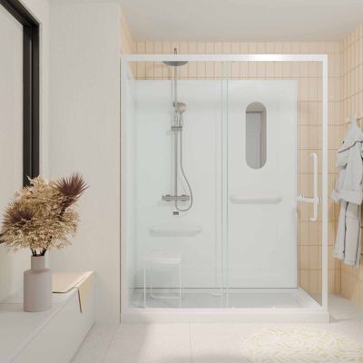 Cabine de douche blanche sécurisée et accessible à tous 160x85x220cm - Mitigeur Thermostatique