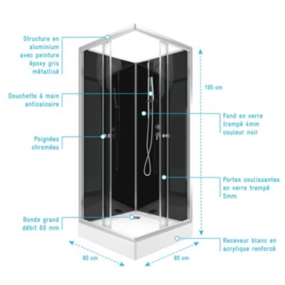 Cabine de douche carrée 80x80x195 - Portes coulissantes en verre trempé 5mm - SQUARY BLACK 2