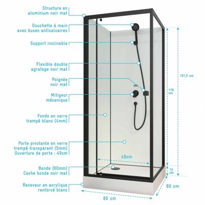 Cabine de douche carrée 80x80x200 cm - Porte pivotante - Fonds Blancs & Profilés Noir Mat