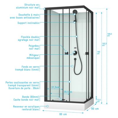 Cabine de douche carrée 80x80x200 cm - Portes coulissantes - Fonds Blancs & Profilés Noir Mat