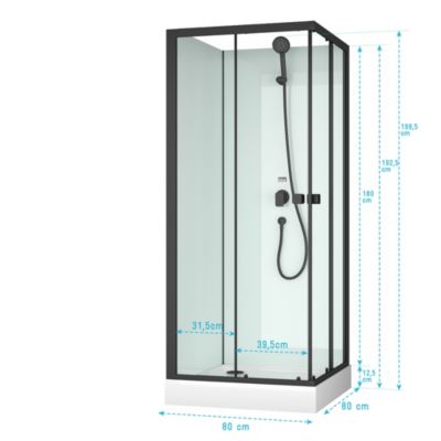 Cabine de douche carrée 80x80x200 cm - Portes coulissantes - Fonds Blancs & Profilés Noir Mat