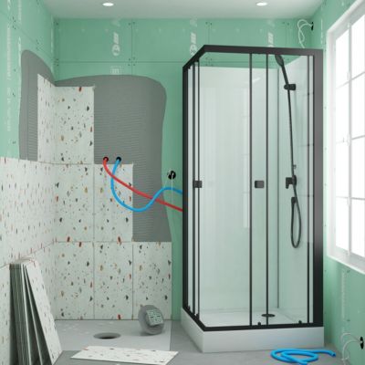 Cabine de douche carrée 80x80x200 cm - Portes coulissantes - Fonds Blancs & Profilés Noir Mat