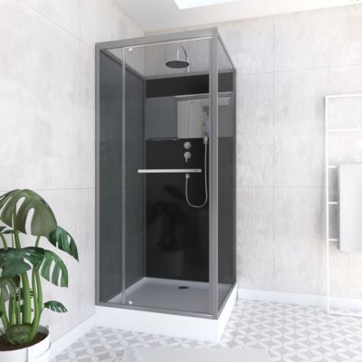 Cabine de Douche Carrée 90x90cm Porte Pivotante - Fond Noir avec bande effet miroir - SQUARE STRIPE