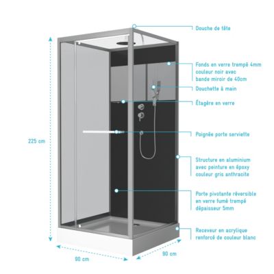Cabine de Douche Carrée 90x90cm Porte Pivotante - Fond Noir avec bande effet miroir - SQUARE STRIPE