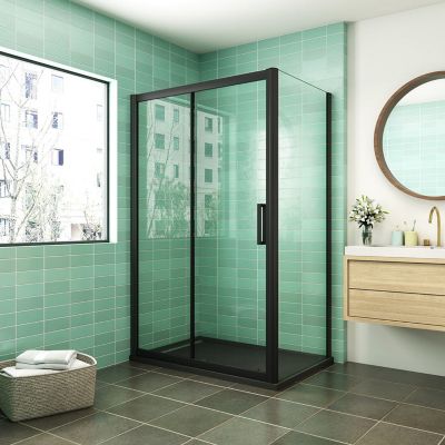 Cabine de douche coulissante avec l'amortisseur - Porte de douche en 8mm verre anticalcaire - profilé noir mat - 120x90x195 cm