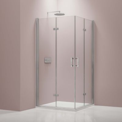 Cabine de douche d'angle 100x100x195cm (LxPxH) verre 8mm, 2 portes pliantes, Profilé chrome - DX213