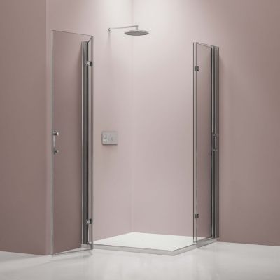 Cabine de douche d'angle 100x100x195cm (LxPxH) verre 8mm, 2 portes pliantes, Profilé chrome - DX213