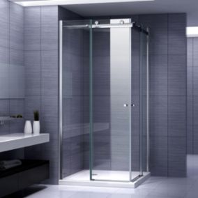 Cabine de douche d'angle ATEMIS H. 200 cm porte coulissante verre 8 mm transparent 100 x 100 cm + receveur - Saniverre