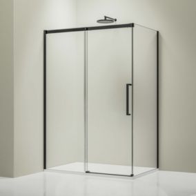 Cabine de douche d'angle en verre ESG 8mm, portes coulissantes, Profil noir mat, 100x100x195cm (LxPxH), DX906