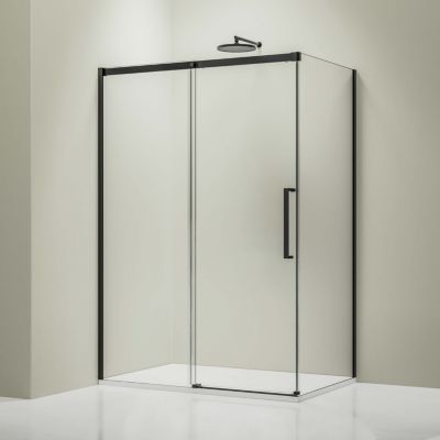 Cabine de douche d'angle en verre ESG 8mm, portes coulissantes, Profil noir mat, 120x90x195cm (LxPxH), DX906