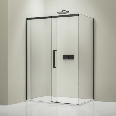 Cabine de douche d'angle en verre ESG 8mm, portes coulissantes, Profil noir mat, 120x90x195cm (LxPxH), DX906