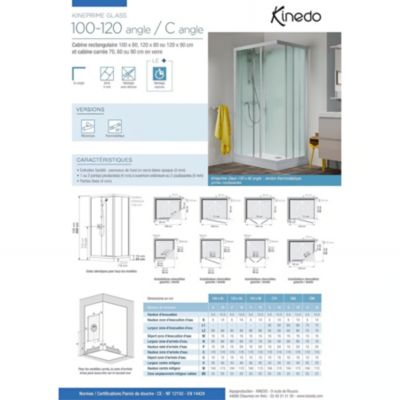 Cabine de douche d'angle KINEDO GLASS 120x90 hauteur receveur 18cm 2 portes coulissantes thermostatique