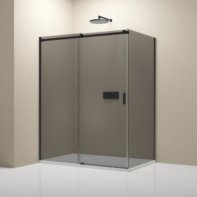 Cabine de douche d'angle, Verre fumé 8mm, porte coulissante, Profilé Noir mat - NT806 FLEX 160x90x195cm
