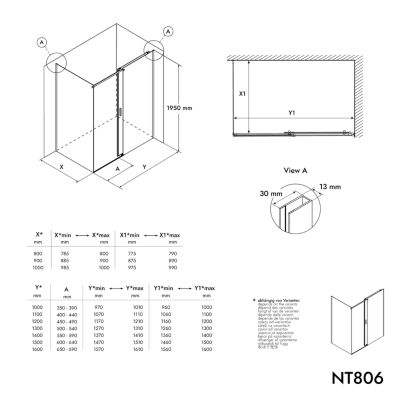 Cabine de douche d'angle, Verre fumé 8mm, porte coulissante, Profilé Noir mat - NT806 FLEX 160x90x195cm