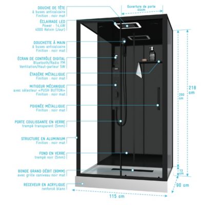 Cabine de douche hydromassante connectée 90 x 115 cm, noir, Galedo Aura