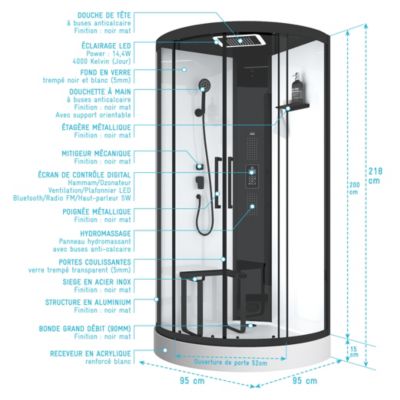 Cabine de douche hydromassante connectée quart de cercle 95 x 95 cm, noir et blanc, Galedo Hammam Round