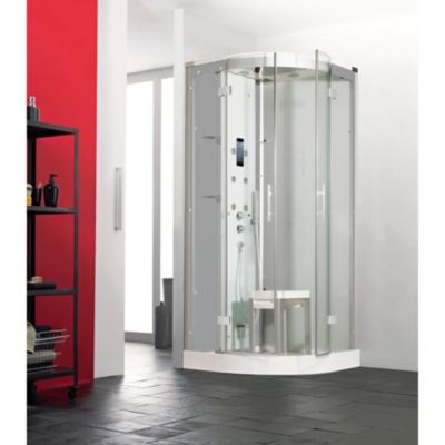 Cabine de douche hydromassante et hammam KINEDO HORIZON 90x90 1/4 de rond hauteur bac 17,5cm 2 pivotants finition acier