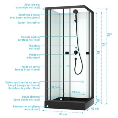 Cabine de douche intégrale 80x80x200 cm carrée - Portes coulissantes - Receveur Noir Mat