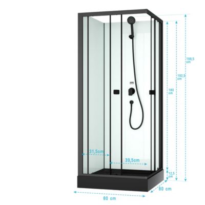 Cabine de douche intégrale 80x80x200 cm carrée - Portes coulissantes - Receveur Noir Mat