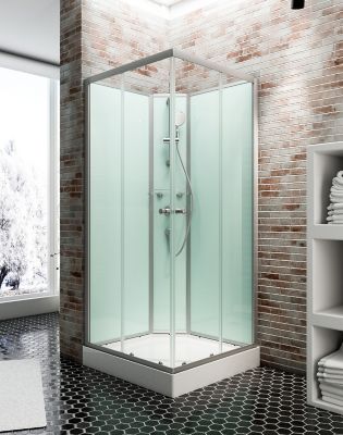 Cabine de douche intégrale carrée, L.90 x l.90 x H.204 cm, portes coulissantes, profilé alu-argenté, Schulte Ibiza