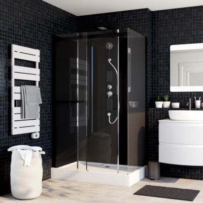 Cabine de douche intégrale rectangulaire hydromassante, L.120 x l.80 x H.224 cm, porte coulissante, profilé noir, Schulte Korsika